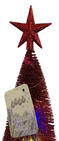 Bradut artificial de Craciun, ornament pentru masa, suport lemn, 32 cm, rosu