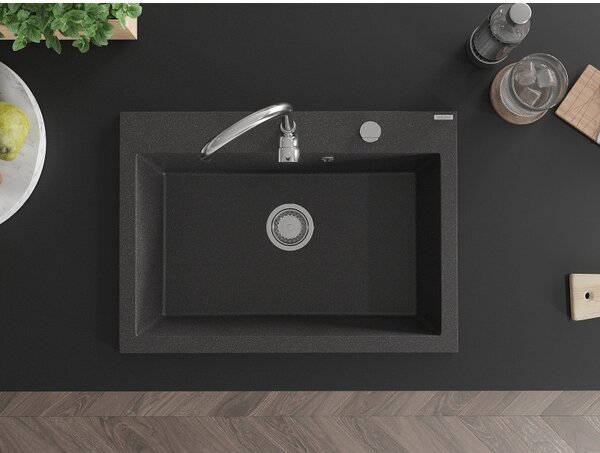 Mexen Elix chiuvetă de bucătărie granit 1 cameră 700 x 500 mm, negru pătat, sifon crom - 6526701005-76