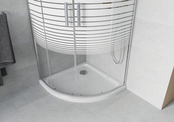 Mexen Rio cabina de duș semicirculară 80 x 80 cm, dungi albe, crom + cadă de duș Flat, albă - 863-080-080-01-20-4110