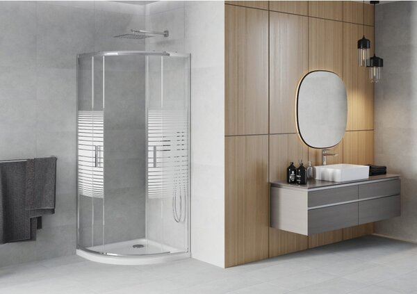 Mexen Rio cabina de duș semicirculară 80 x 80 cm, dungi albe, crom + cadă de duș Flat, albă - 863-080-080-01-20-4110