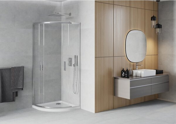 Mexen Rio cabină de duș semicirculară 80 x 80 cm, transparent, crom + cadă Flat, albă - 863-080-080-01-00-4110