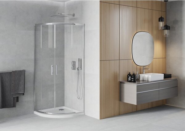 Mexen Rio cabină de duș semicirculară 80 x 80 cm, transparent, crom + cadă Flat, albă - 863-080-080-01-00-4110