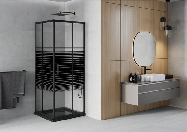 Mexen Rio cabina de duș pătrată 70 x 70 cm, dungi negre, negru + cadă Flat, negru - 860-070-070-70-20-4070B