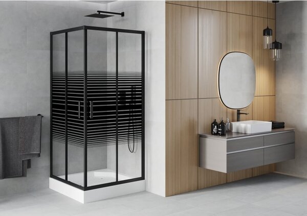 Mexen Rio cabina de duș pătrată 90 x 90 cm, dungi negre, negru + cadă de duș, alb - 860-090-090-70-20-4510