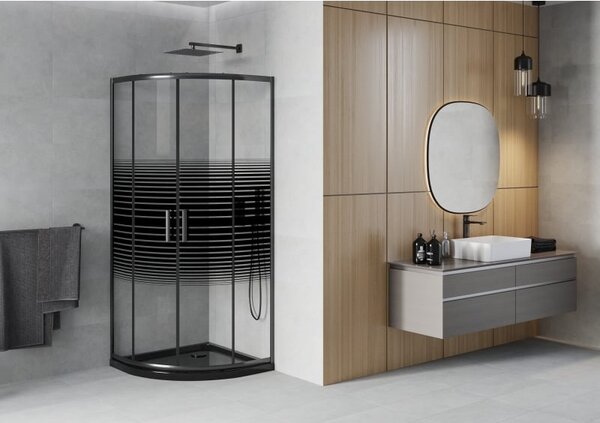 Mexen Rio cabina de duș semicirculară 80 x 80 cm, benzi negre, neagră + cadă de duș Flat, neagră - 863-080-080-70-20-4170B