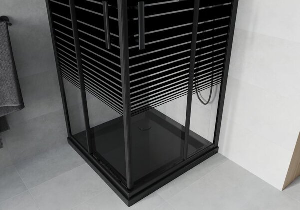 Mexen Rio cabina de duș pătrată 70 x 70 cm, dungi negre, negru + cadă Flat, negru - 860-070-070-70-20-4070B