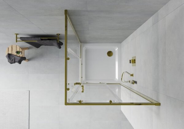 Mexen Rio cabina de duș pătrată 90 x 90 cm, transparentă, aurie + cadă Flat, albă - 860-090-090-50-00-4010G
