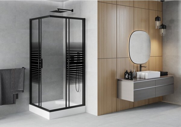 Mexen Rio cabina de duș pătrată 90 x 90 cm, dungi negre, negru + cadă de duș, alb - 860-090-090-70-20-4510