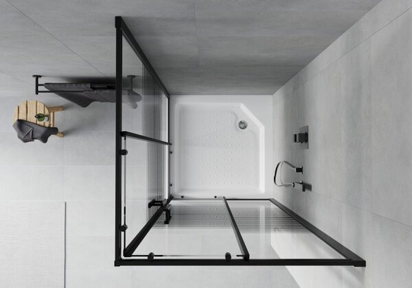 Mexen Rio cabina de duș pătrată 90 x 90 cm, dungi negre, negru + cadă de duș, alb - 860-090-090-70-20-4510