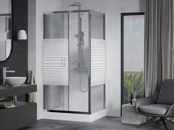 Mexen Apia cabina de duș glisantă 100 x 80 cm, dungi albe, crom + cadă de duș Rio - 840-100-080-01-20-4510