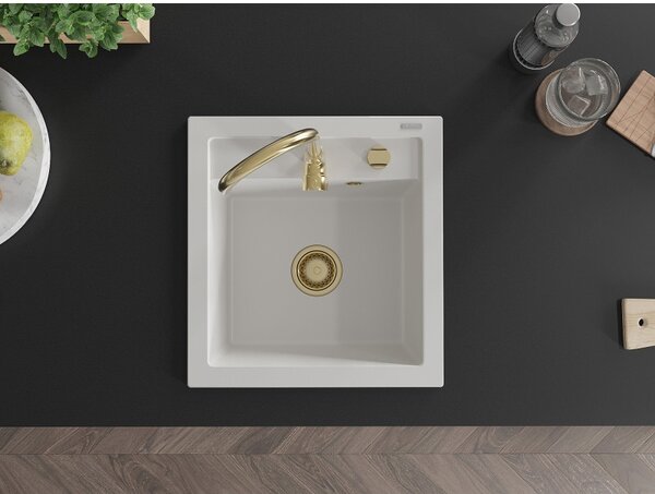 Mexen Vito chiuvetă de granit cu o cuvă 520 x 490 mm, alb, sifon auriu - 6503521000-20-G