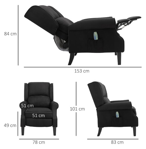 Fotoliu de Relaxare cu Masaj și Încălzire HOMCOM, Reclinabil, cu Telecomandă, 78x83x101cm, Negru | Aosom Romania