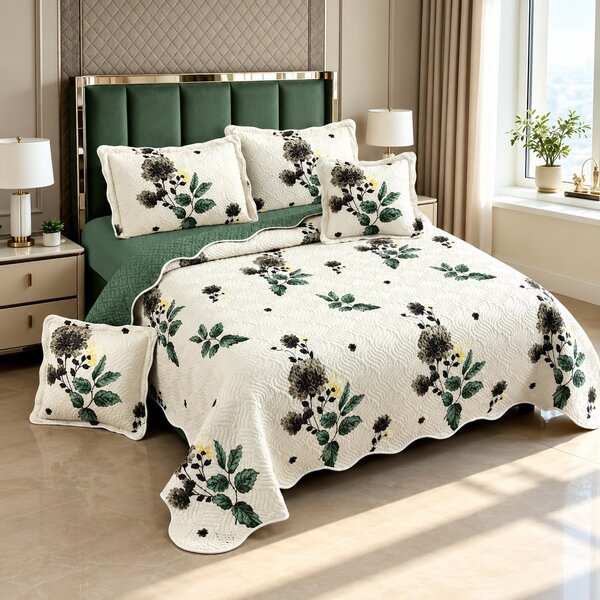 Cuvertura de pat bumbac, 5 piese, model floral crem cu verde, 230x250 cm, CB547