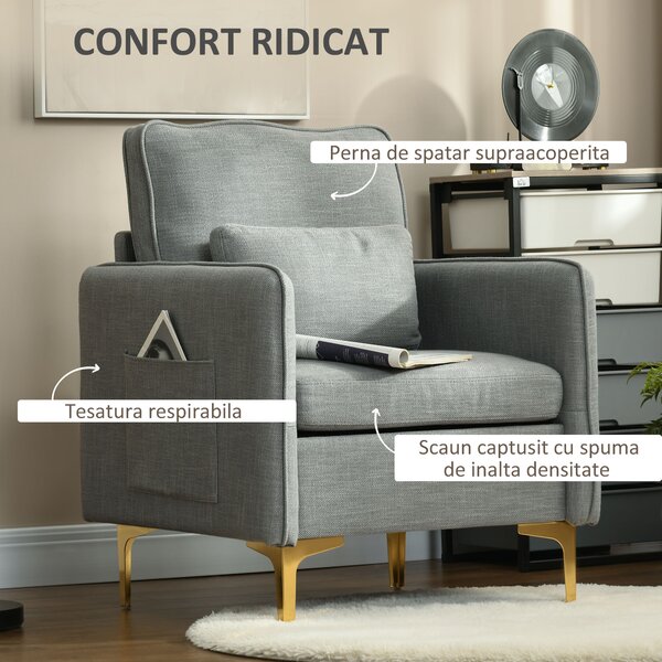 Scaun Decorativ HOMCOM din Stofa, Fotoliu Modern cu 4 Picioare din Otel, 2 Buzunare Laterale, Captuseala Groasa, Gri | Aosom Romania