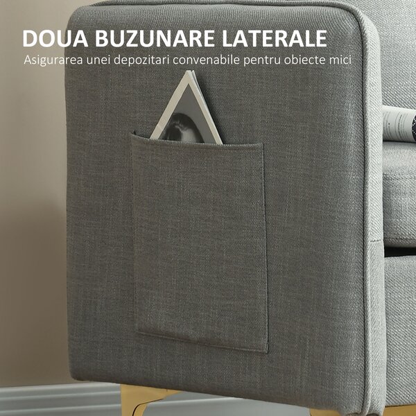 Scaun Decorativ HOMCOM din Stofa, Fotoliu Modern cu 4 Picioare din Otel, 2 Buzunare Laterale, Captuseala Groasa, Gri | Aosom Romania