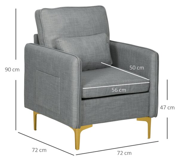 Scaun Decorativ HOMCOM din Stofa, Fotoliu Modern cu 4 Picioare din Otel, 2 Buzunare Laterale, Captuseala Groasa, Gri | Aosom Romania