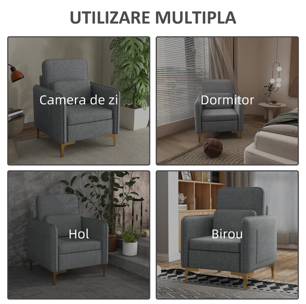 Scaun Decorativ HOMCOM din Stofa, Fotoliu Modern cu 4 Picioare din Otel, 2 Buzunare Laterale, Captuseala Groasa, Gri | Aosom Romania