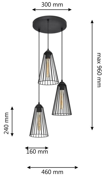 Lustră pe cablu TORRI 3xE27/15W/230V negru