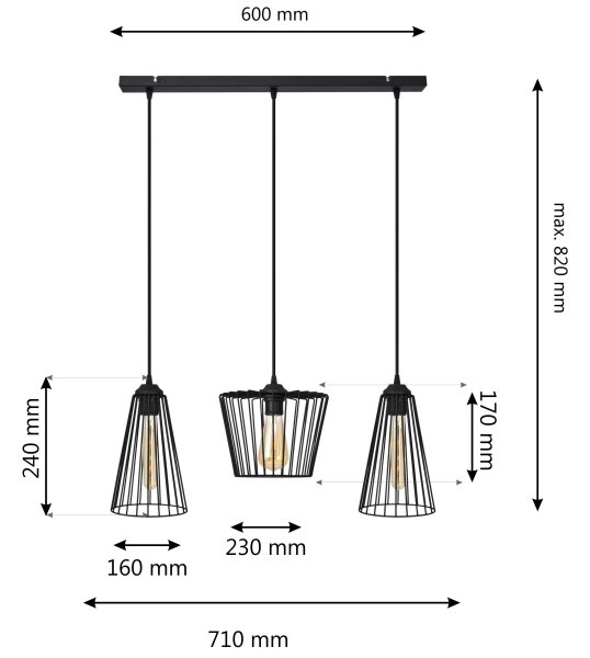 Lustră pe cablu TORRI 3xE27/15W/230V negru