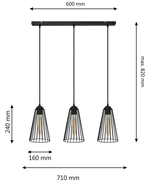 Lustră pe cablu TORRI 3xE27/15W/230V negru