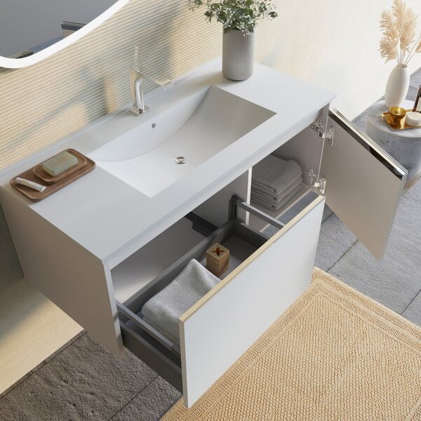 Mobilier Baie Alb Mat, 100 Cm, Lavoar și Oglindă Triunghiulară | Monaco