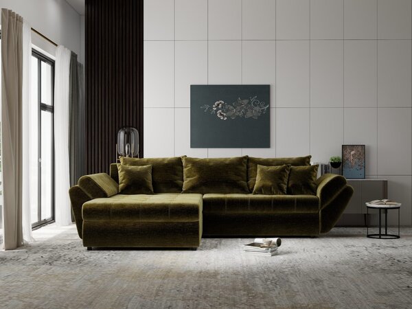Colțar extensibil dumonde cu ladă de depozitare Loana Monolith Verde olive 270x185 cm
