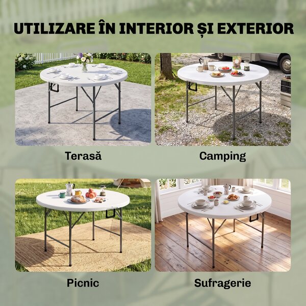 Outsunny Masă Pliabilă de Grădină Φ122 cm, Masă de Picnic Rotundă pentru 6 Persoane, Cadru Metalic, Alb | Aosom Romania