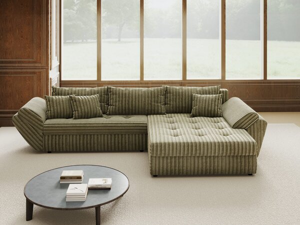 Colțar extensibil dumonde cu ladă de depozitare si sezut confortabil din spuma high-density, Loana Tilia Verde olive II 270x185 cm