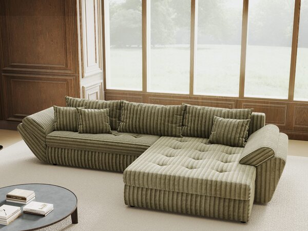 Colțar extensibil dumonde cu ladă de depozitare si sezut confortabil din spuma high-density, Loana Tilia Verde olive II 270x185 cm
