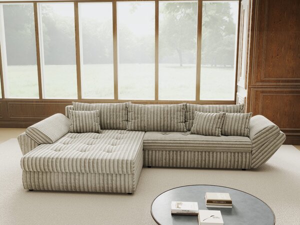 Colțar extensibil dumonde cu ladă de depozitare si sezut confortabil din spuma high-density, Loana Tilia Gri- bej 270x185 cm