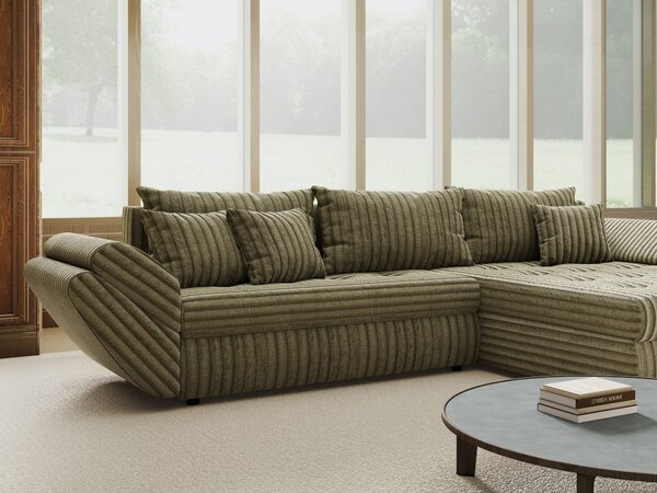 Colțar extensibil dumonde cu ladă de depozitare si sezut confortabil din spuma high-density, Loana Tilia Verde olive II 270x185 cm
