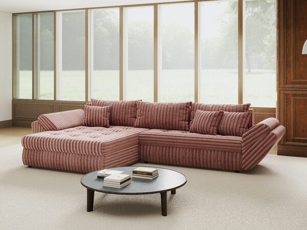 Colțar extensibil dumonde cu ladă de depozitare si sezut confortabil din spuma high-density, Loana Tilia Roz pudrat 270x185 cm