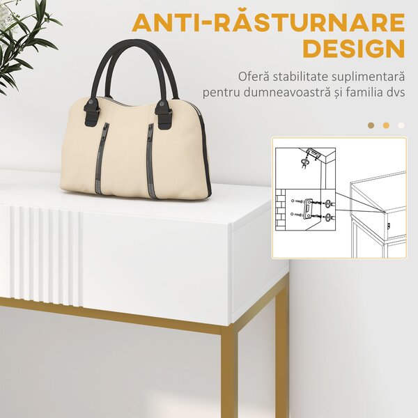 HOMCOM Masă Consolă cu 2 Sertare, Masă Modernă de Intrare cu Bază din Oțel în Ton Auriu, 80x31.5x75 cm, Alb | Aosom Romania