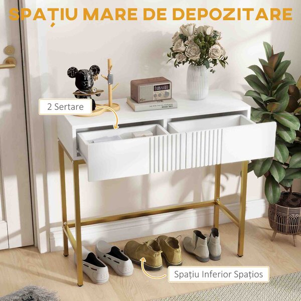 HOMCOM Masă Consolă cu 2 Sertare, Masă Modernă de Intrare cu Bază din Oțel în Ton Auriu, 80x31.5x75 cm, Alb | Aosom Romania