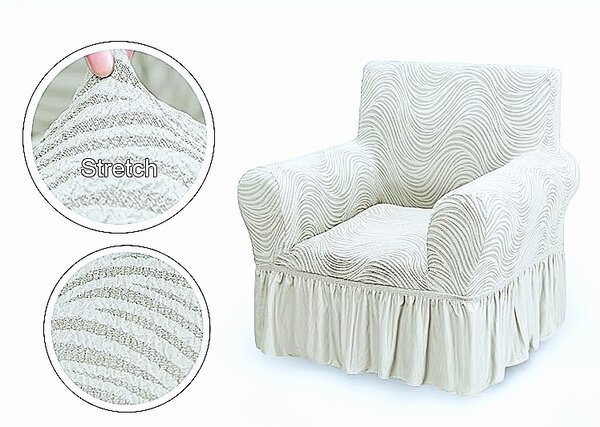 Set huse elastice pentru canapea 3 Locuri si 2 fotolii, cu volanas, model Jacquard Alb in dungi