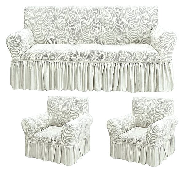 Set huse elastice pentru canapea 3 Locuri si 2 fotolii, cu volanas, model Jacquard Alb in dungi