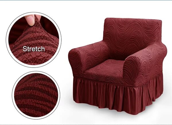 Set 2 Huse elastice pentru fotolii, cu volanas si model Jacquard Bordo in dungi
