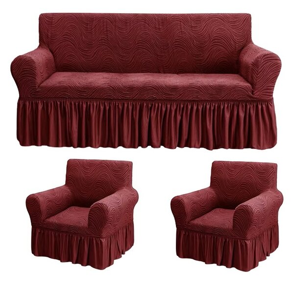 Set huse elastice pentru canapea 3 Locuri si 2 fotolii, cu volanas, model Jacquard Bordo in dungi