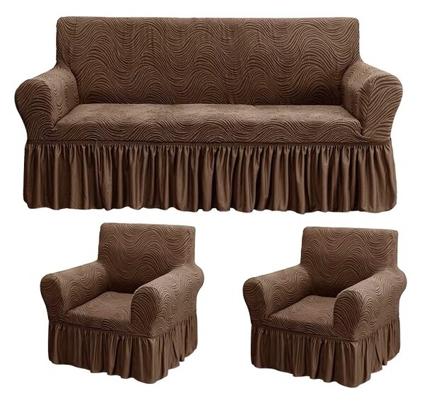 Set huse elastice pentru canapea 3 Locuri si 2 fotolii, cu volanas, model Jacquard Maro in dungi