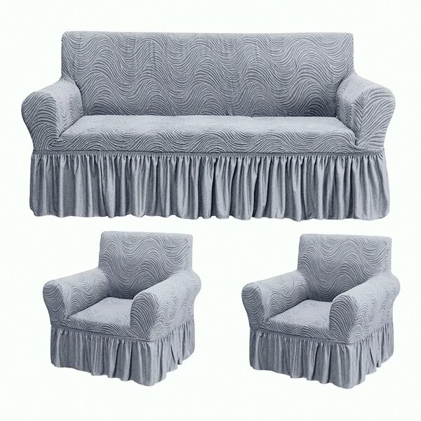 Set huse elastice pentru canapea 3 Locuri si 2 fotolii, cu volanas, model Jacquard Gri in dungi