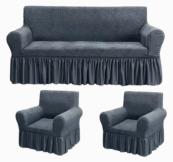 Set huse elastice pentru canapea 3 Locuri si 2 fotolii, cu volanas, model Jacquard Cenusiu in dungi