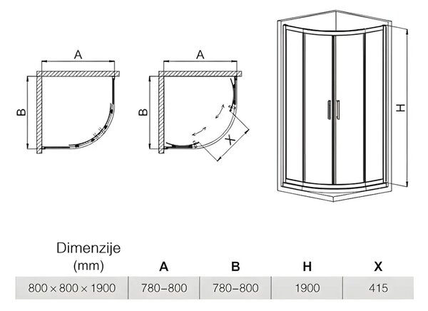 Cabina De Dus Semirotunda Pan R80cm, Sticla Securizata, Profil Aluminiu Cromat, Usi Culisante