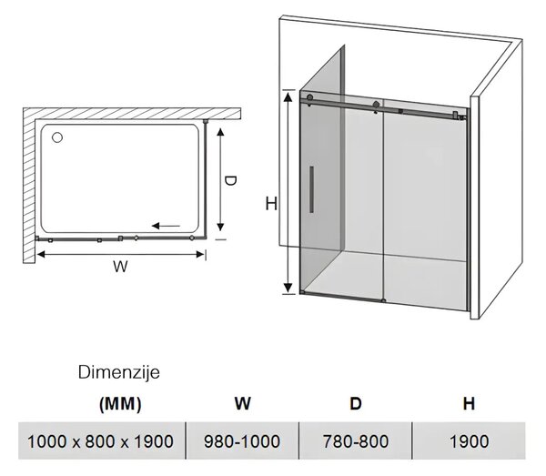 Cabina De Dus Gal 80x100cm, Sticla Securizata 8mm, Profil Aluminiu Cromat, Usa Culisanta