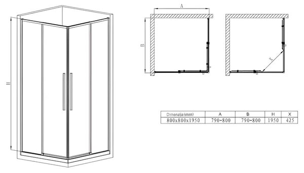 Cabina De Dus Oto 80x80cm, Sticla Securizata 6mm, Profil Aluminiu Negru, Usi Culisante