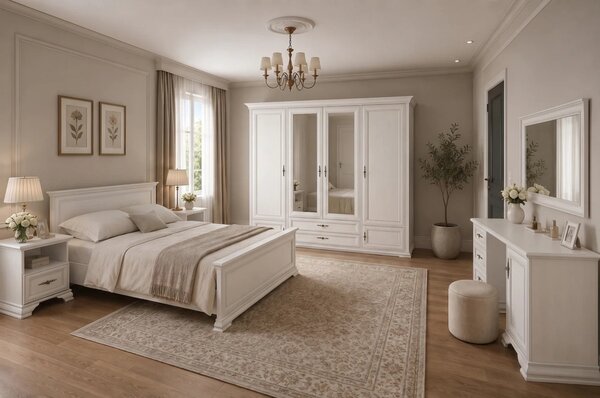 Mobilier dormitor alb IDENTO 5, cu pat 160x200, dulap cu 6 usi si 2 se