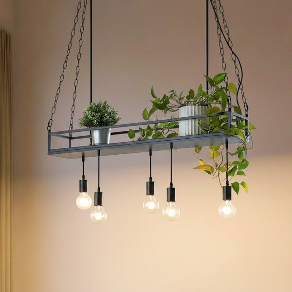 Lindby Lampă suspendată Kirista, 5 becuri, negru, 100 cm, E27, reglabil, Negru, Camera de zi / sufragerie, Metal, Vintage