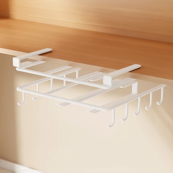 Organizator de bucătărie, suspendat, din metal, cu raft și cârlige pentru ustensile și căni, Ecarla, culoarea alb, 25×25×9,7 cm, OR116B