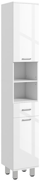 Kleankin Mobilier pentru Baie cu 1 Sertar 3 Rafturi Ajustabile și 2 Dulapuri, 30x30x180 cm, Alb Lucios | Aosom Romania