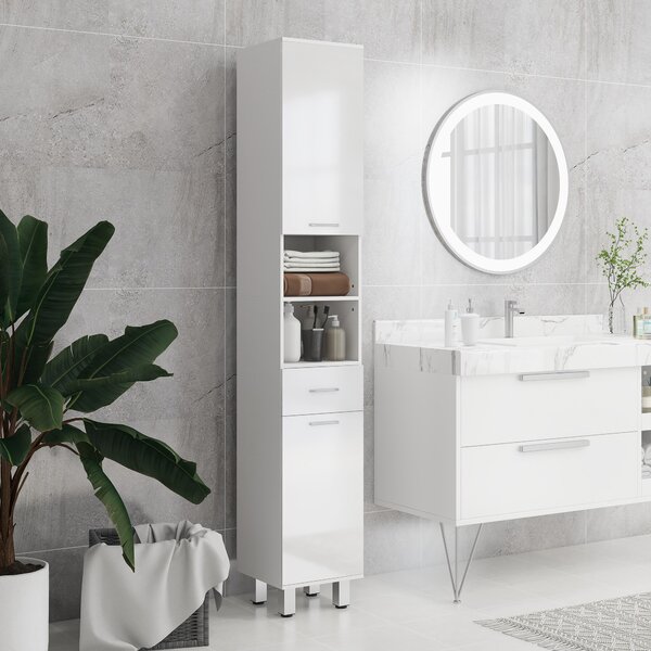 Kleankin Mobilier pentru Baie cu 1 Sertar 3 Rafturi Ajustabile și 2 Dulapuri, 30x30x180 cm, Alb Lucios | Aosom Romania
