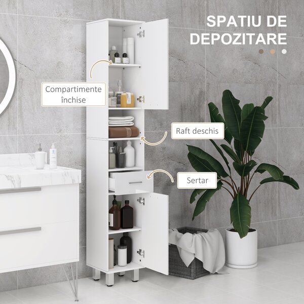 Kleankin Mobilier pentru Baie cu 1 Sertar 3 Rafturi Ajustabile și 2 Dulapuri, 30x30x180 cm, Alb Lucios | Aosom Romania